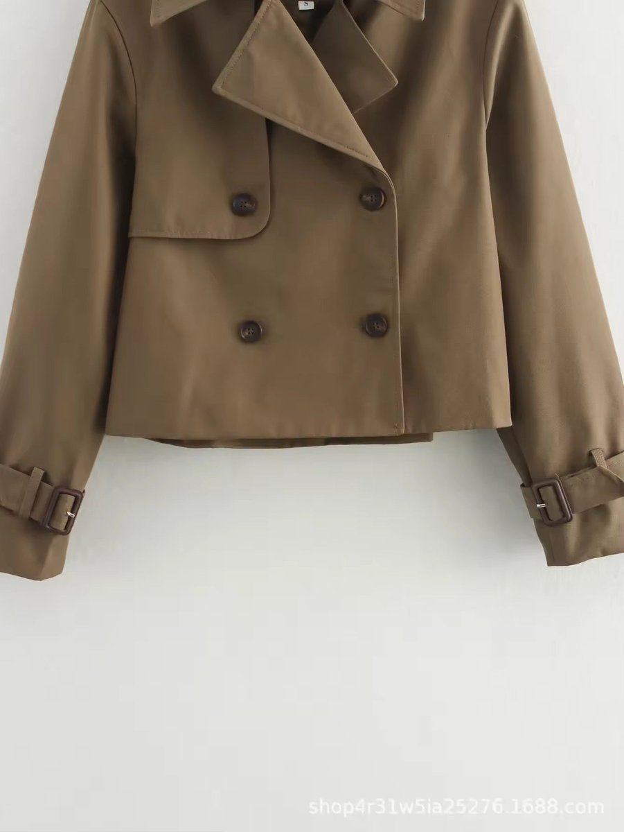 Women's Cropped Double-Breasted Trench Jacket with Buckle Cuffs