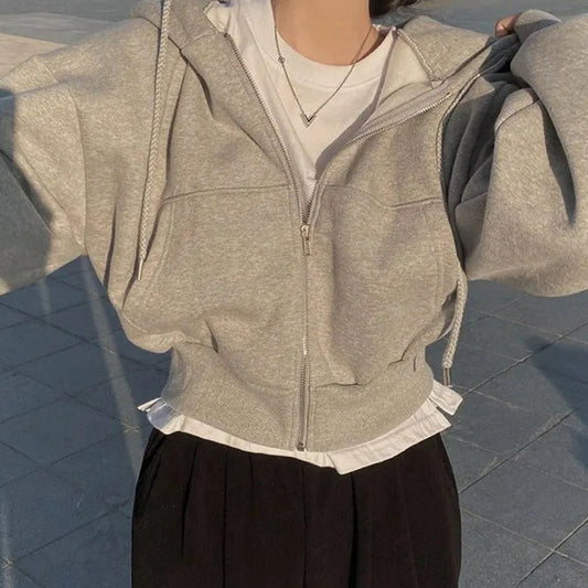 Women's Cropped Oversized Fleece Zip-Up Drawstring Hoodie