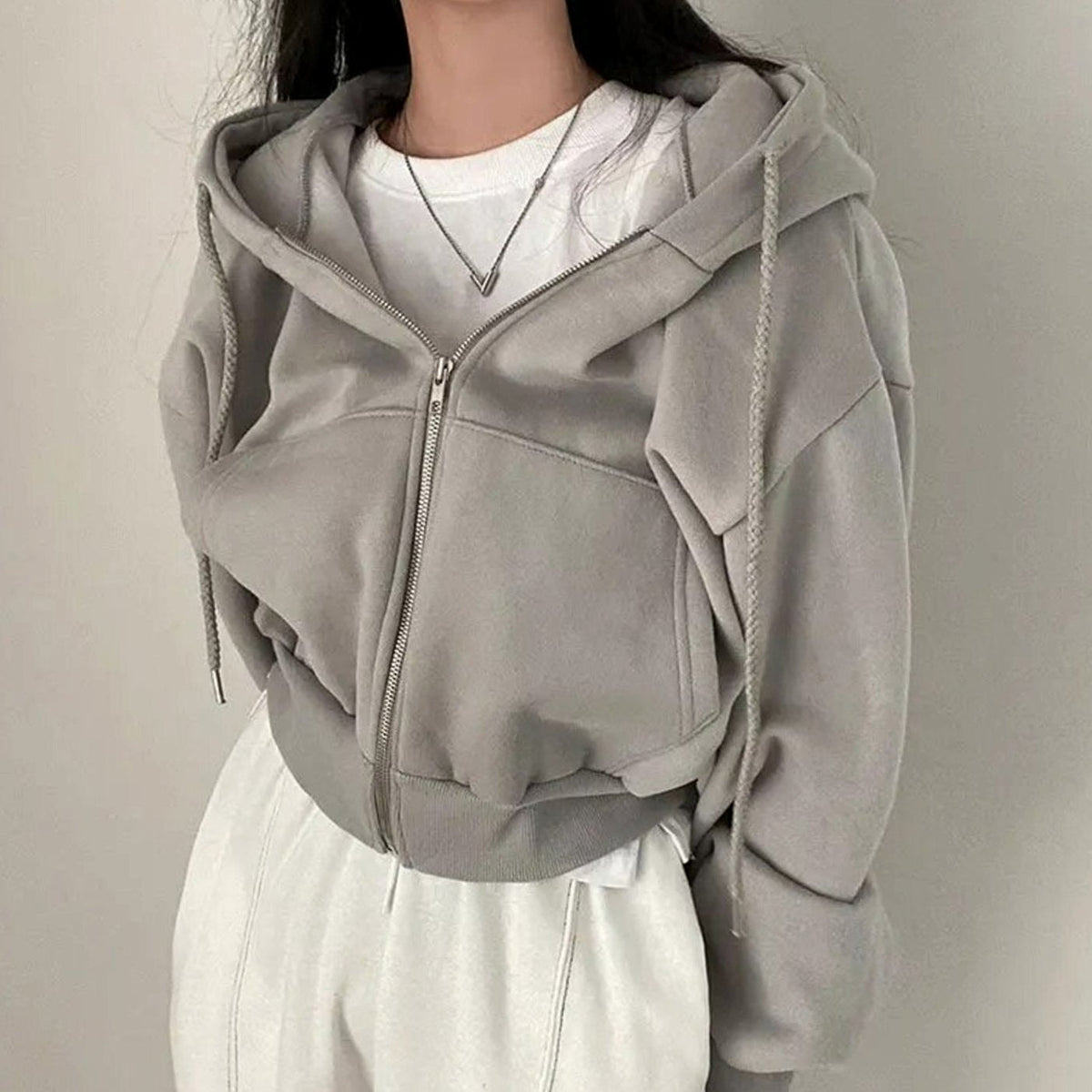 Women's Cropped Oversized Fleece Zip-Up Drawstring Hoodie