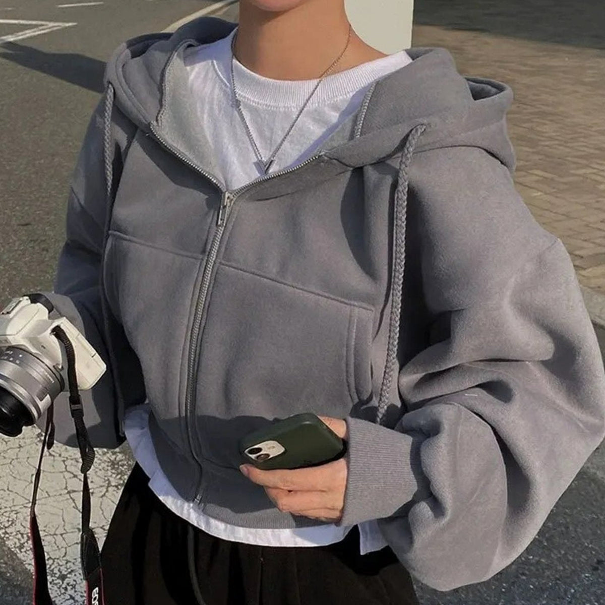 Women's Cropped Oversized Fleece Zip-Up Drawstring Hoodie