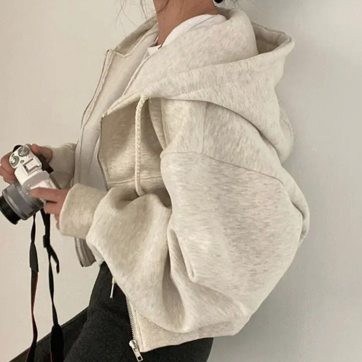 Women's Cropped Oversized Fleece Zip-Up Drawstring Hoodie