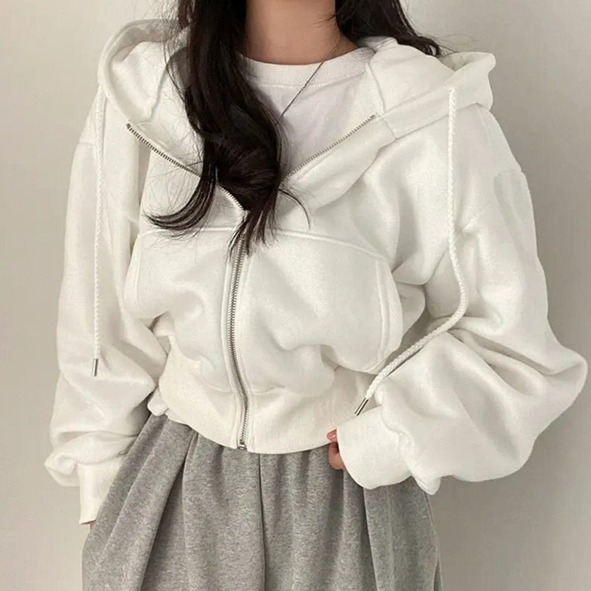 Women's Cropped Oversized Fleece Zip-Up Drawstring Hoodie