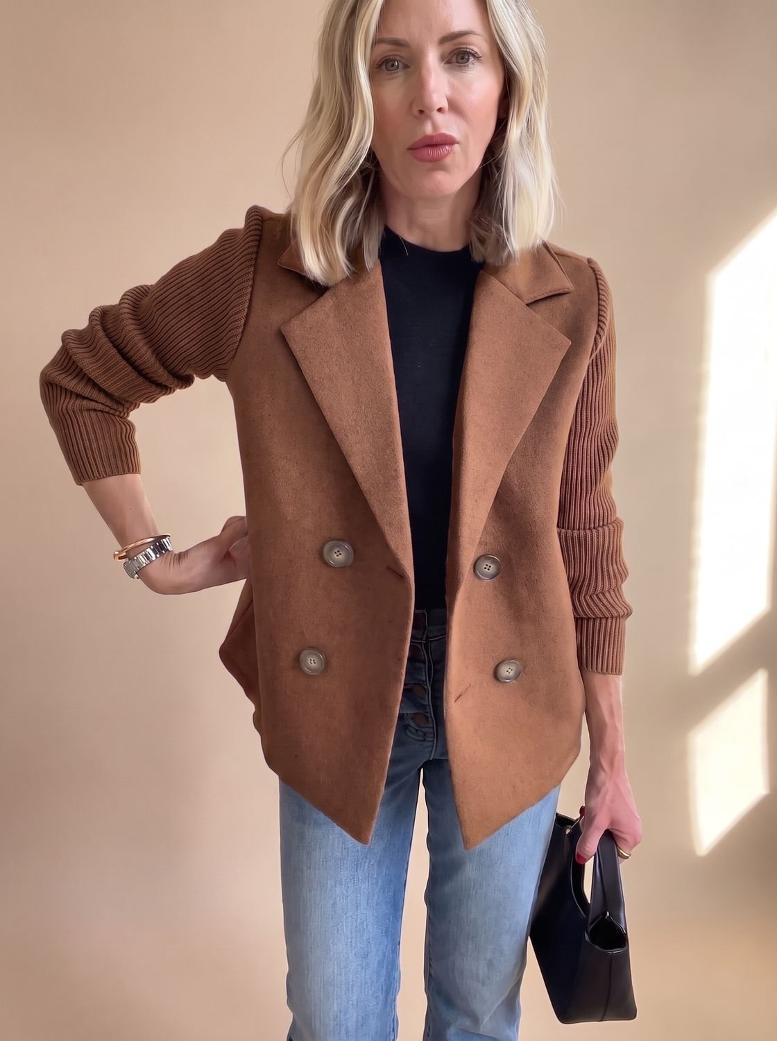 Women's Double-Breasted Fitted Blazer with Knit Sleeves