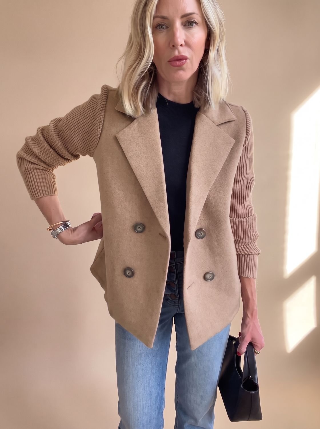 Women's Double-Breasted Fitted Blazer with Knit Sleeves