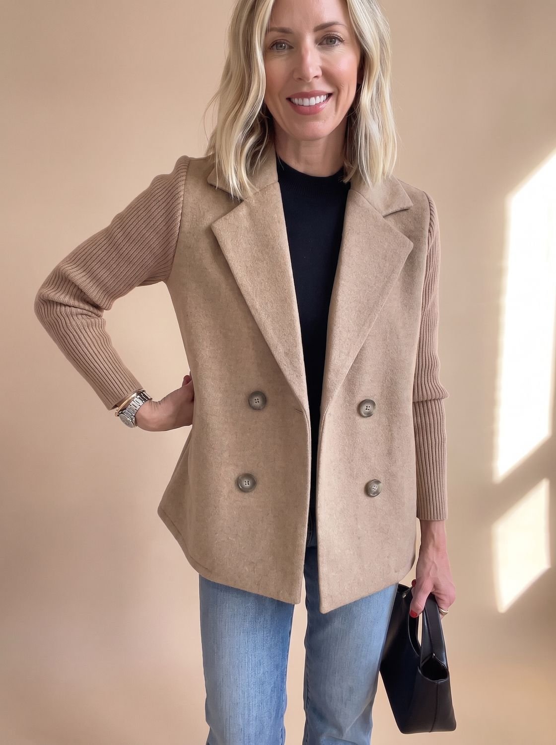 Women's Double-Breasted Fitted Blazer with Knit Sleeves