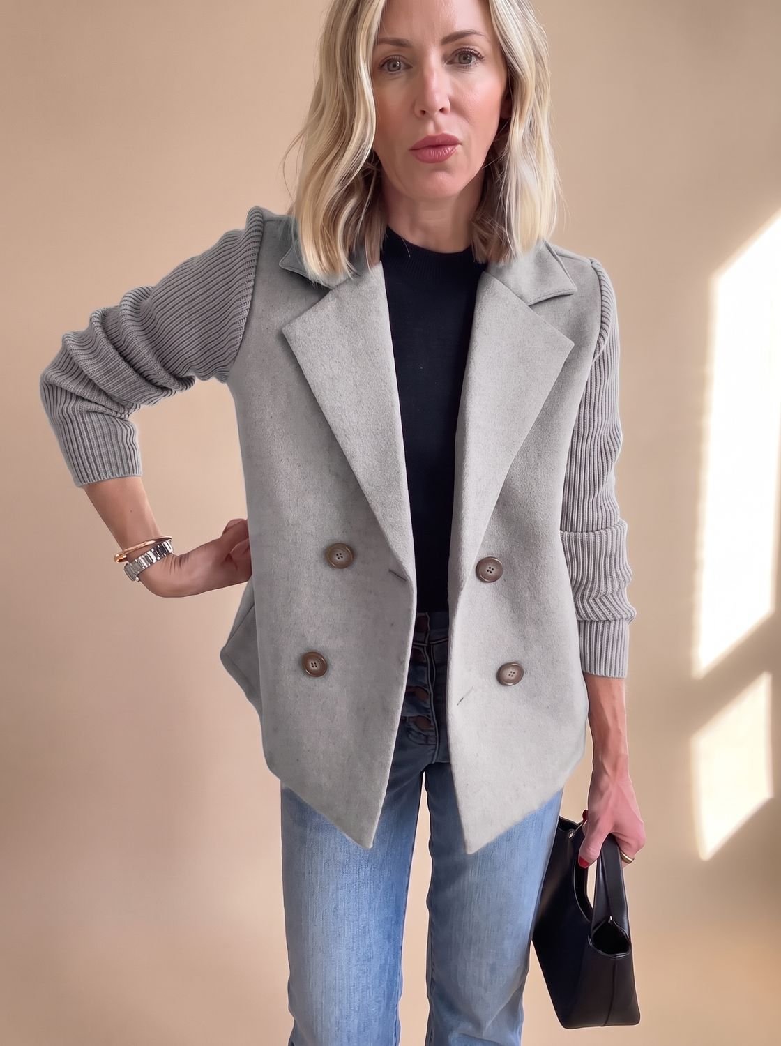 Women's Double-Breasted Fitted Blazer with Knit Sleeves
