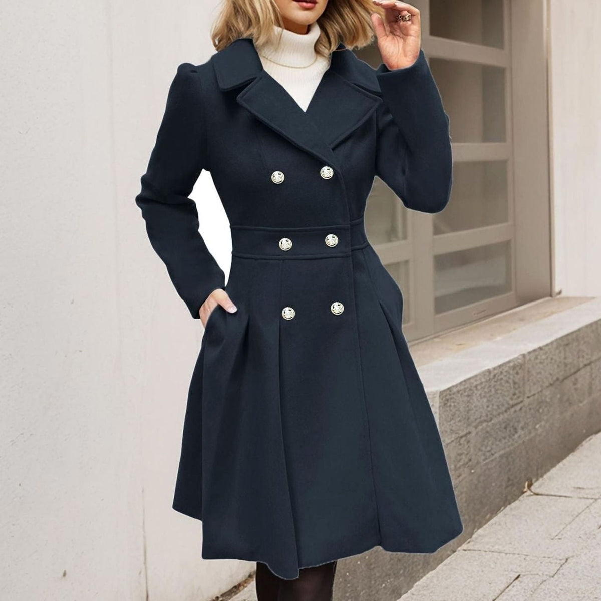 Women's Double-Breasted Flared Longline Wool-Blend Coat