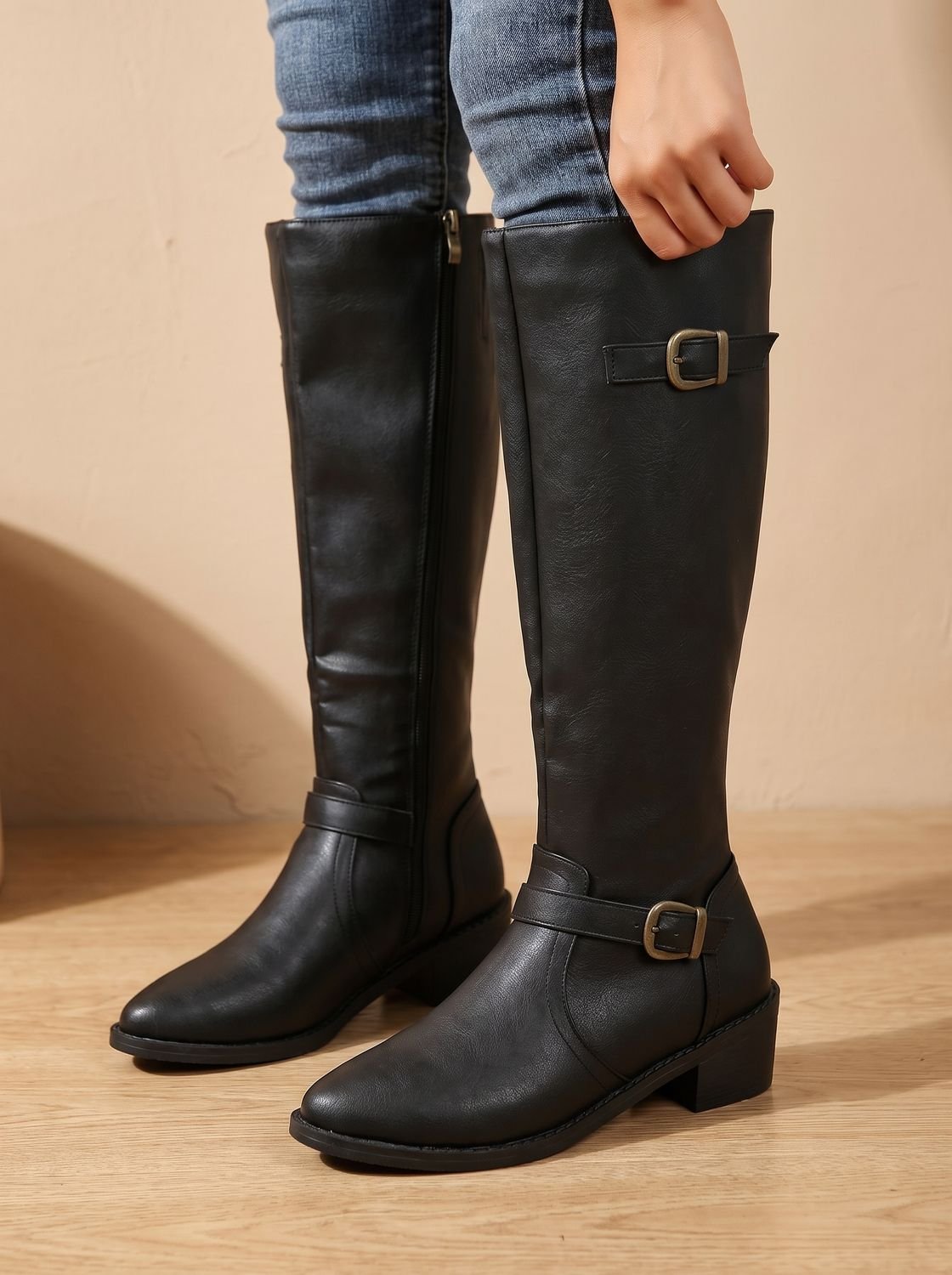 Women's Double-Buckle Knee-High Boots with Low Block Heel