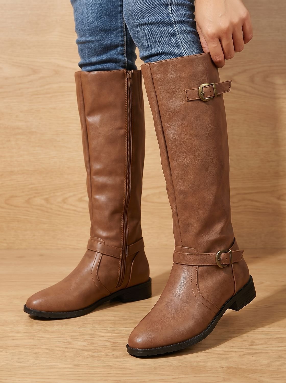 Women's Double-Buckle Knee-High Boots with Low Block Heel