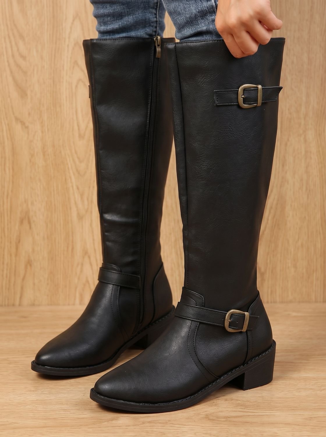 Women's Double-Buckle Knee-High Boots with Low Block Heel
