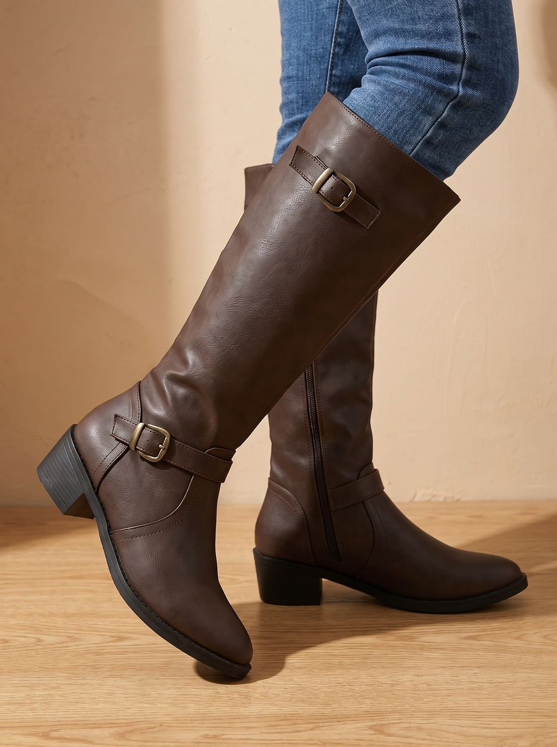 Women's Double-Buckle Knee-High Boots with Low Block Heel