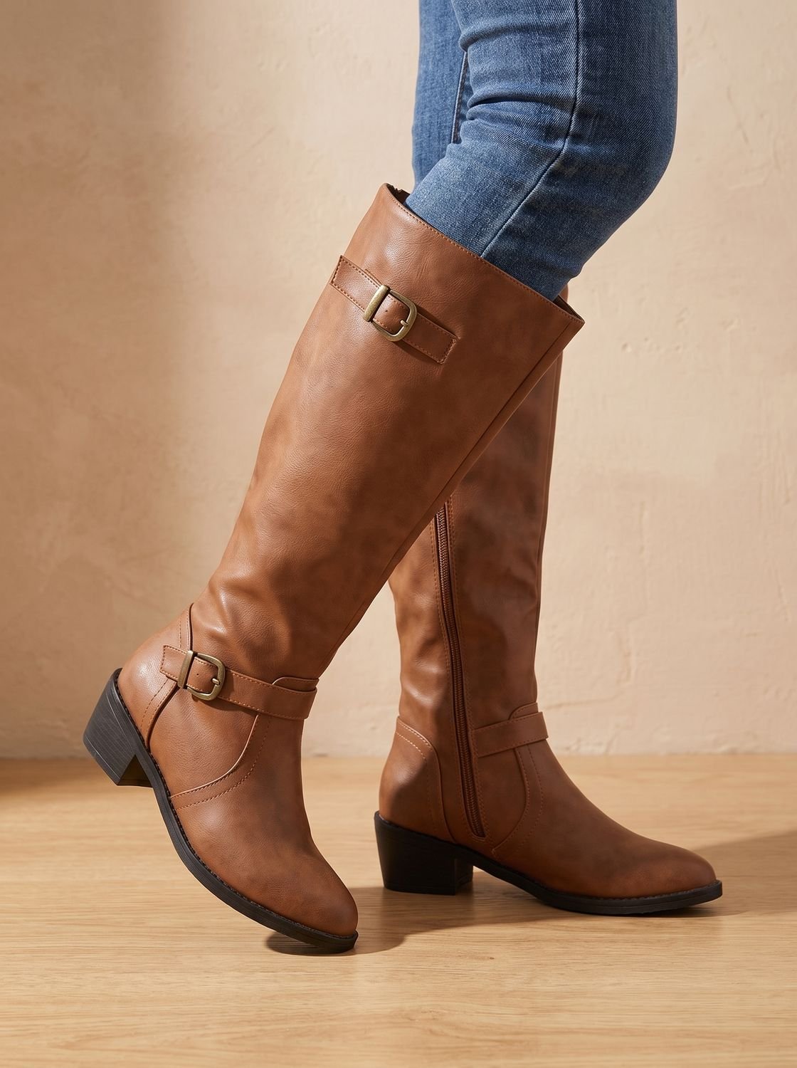 Women's Double-Buckle Knee-High Boots with Low Block Heel