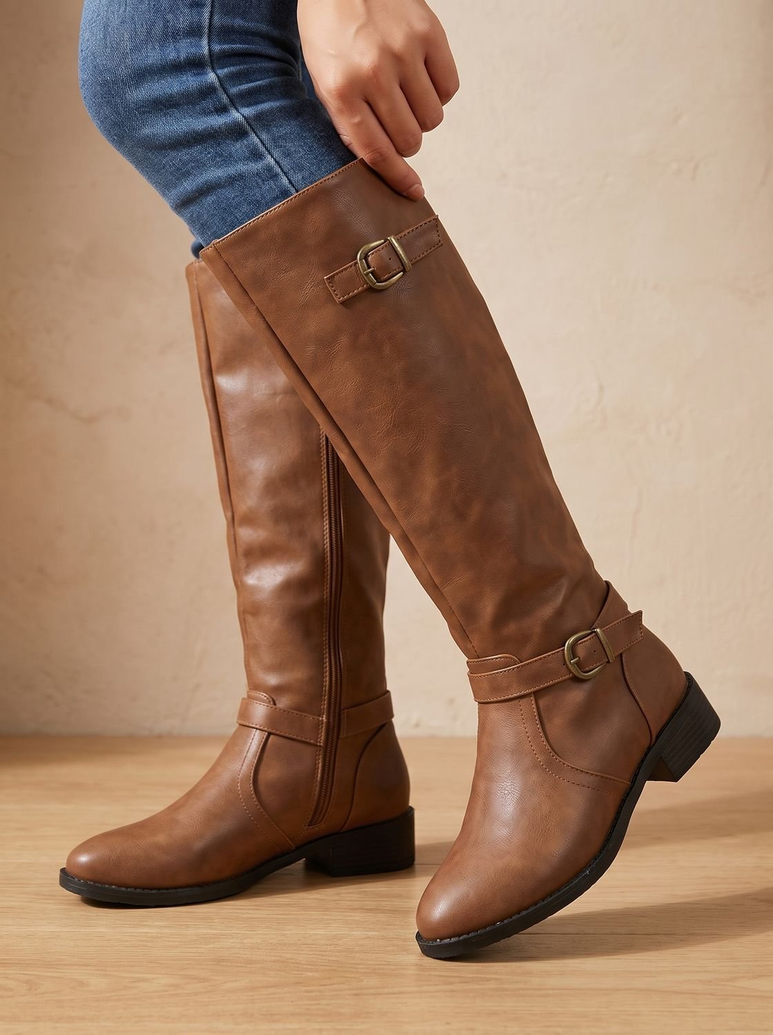 Women's Double-Buckle Knee-High Boots with Low Block Heel