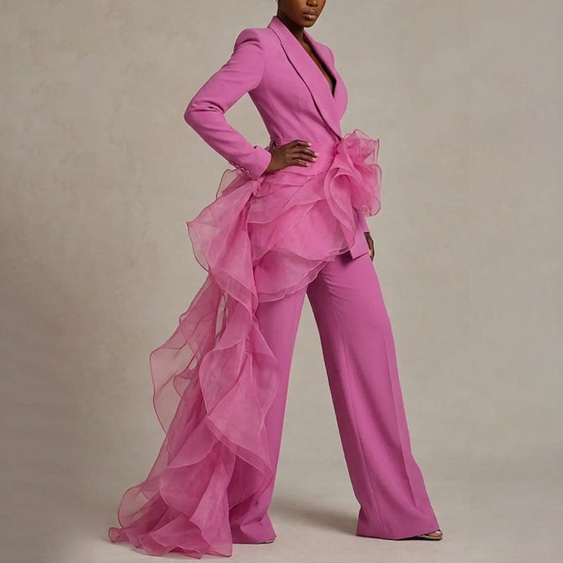Women's Elegant Suit with Asymmetrical Ruffle