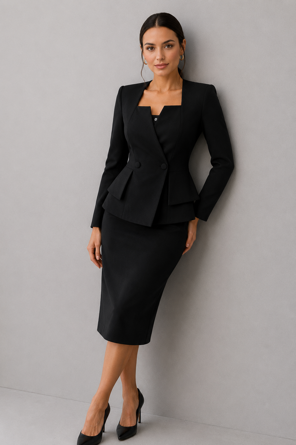 Women's Elegant Two-Piece Jacket and Skirt Set with Square Neckline