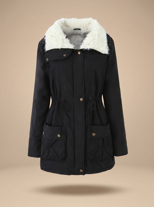 Women's Faux-Fur Collar Drawstring Waist Winter Parka Coat