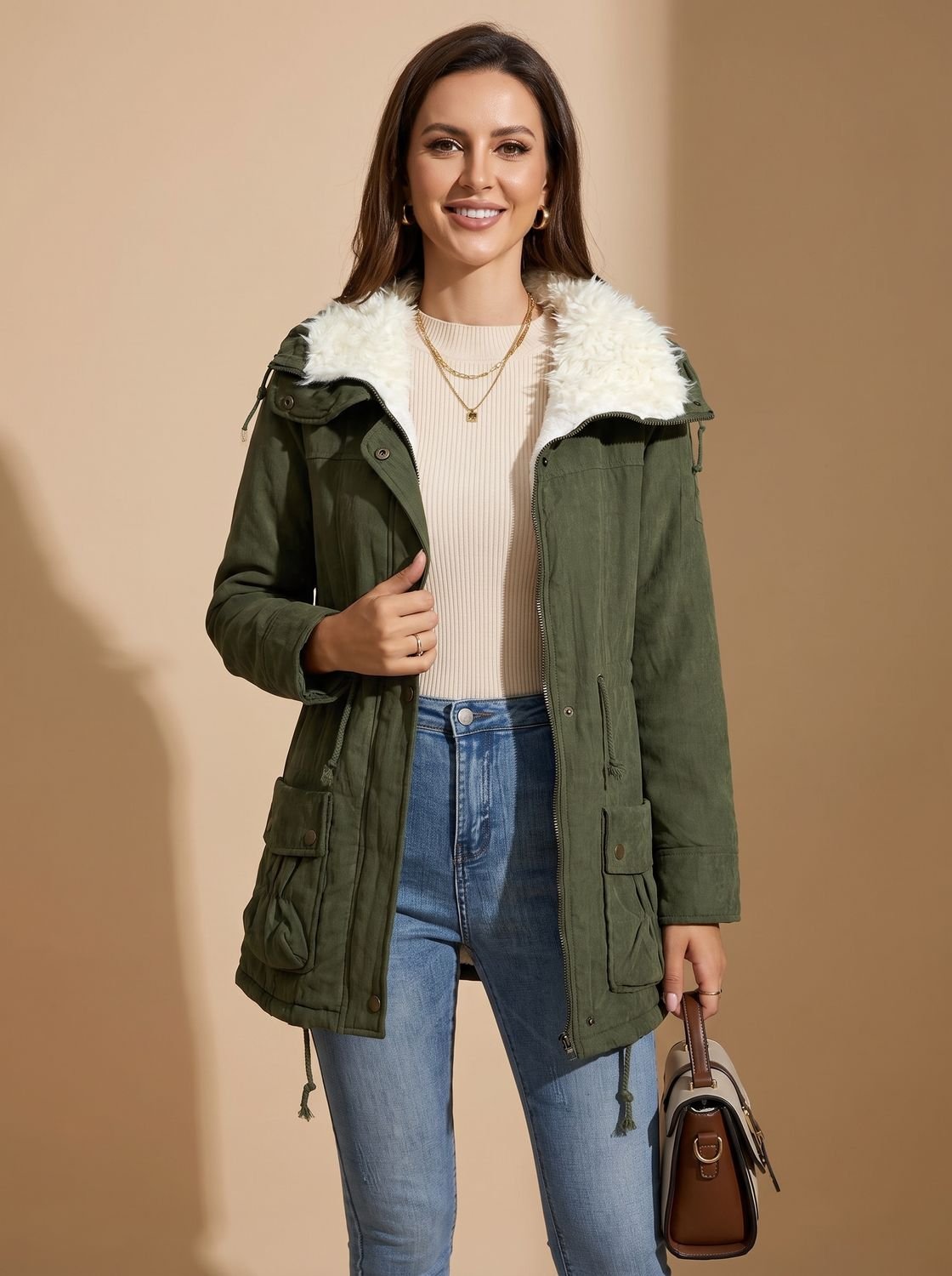 Women's Faux-Fur Collar Drawstring Waist Winter Parka Coat