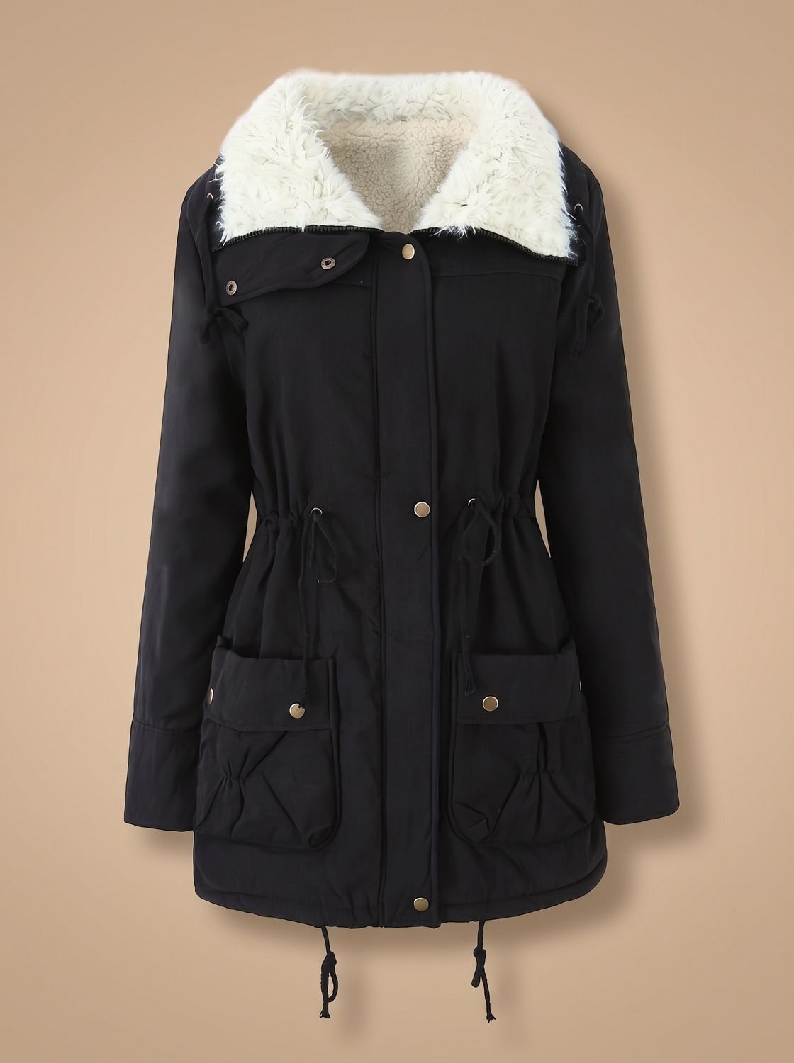 Women's Faux-Fur Collar Drawstring Waist Winter Parka Coat