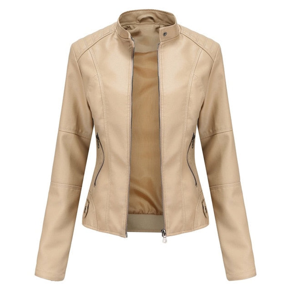 Women's Faux Leather Stand Collar Zip-Up Moto Jacket