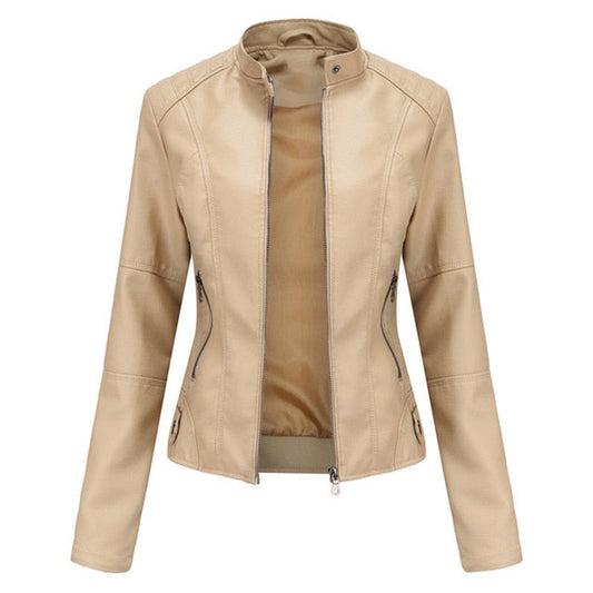 Women's Faux Leather Stand Collar Zip-Up Moto Jacket