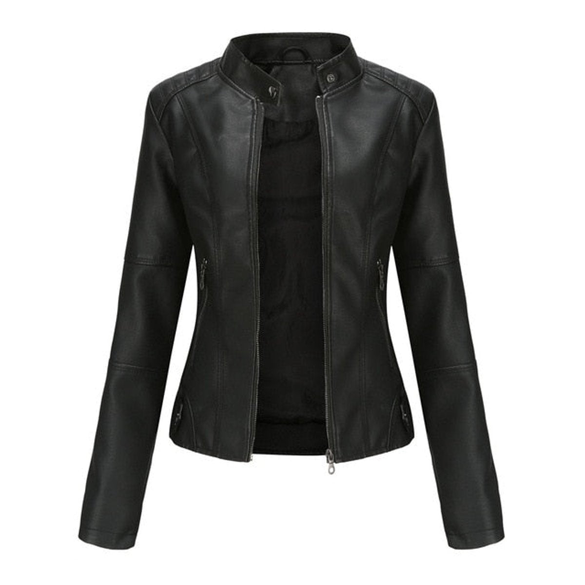 Women's Faux Leather Stand Collar Zip-Up Moto Jacket