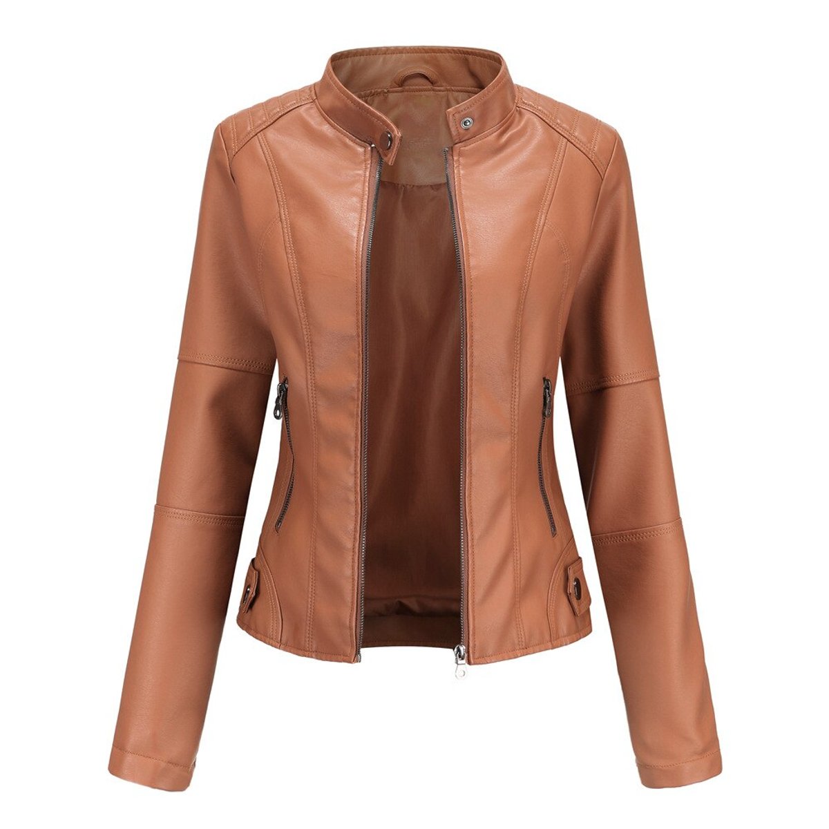 Women's Faux Leather Stand Collar Zip-Up Moto Jacket