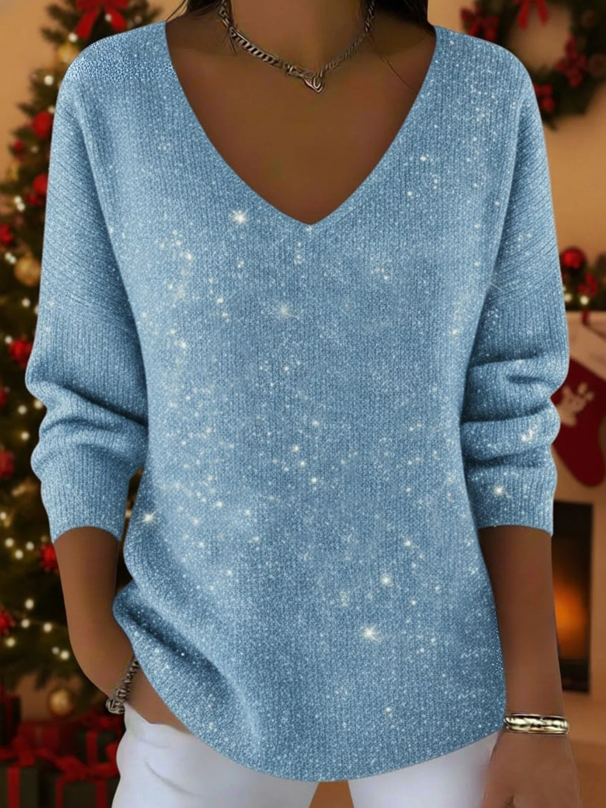 Women's Festive V-Neck Sweater – Elegant & Warm