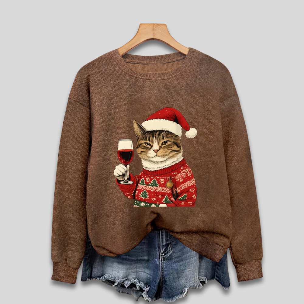 Women's Funny Christmas Sweatshirt with Cat and Santa Claus