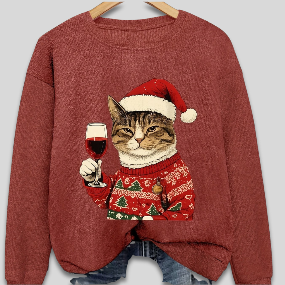 Women's Funny Christmas Sweatshirt with Cat and Santa Claus