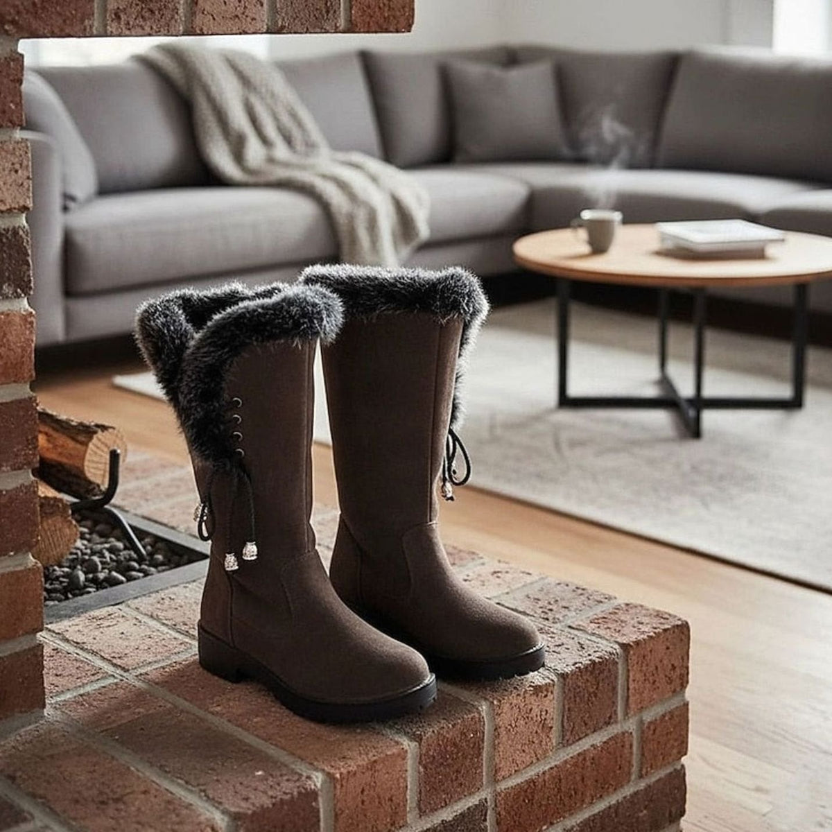 Women's Fur-Trimmed Knee-High Snow Boots with Low Block Heel