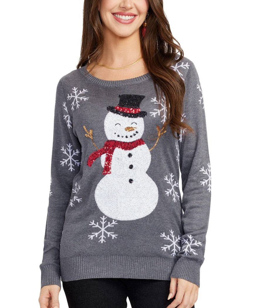Women's Grey Christmas Sweater with Snowman Design and Sequined Snowflakes on Sleeves