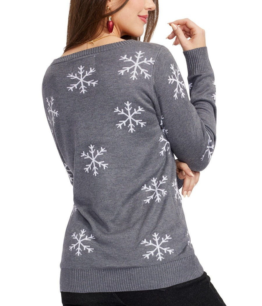 Women's Grey Christmas Sweater with Snowman Design and Sequined Snowflakes on Sleeves