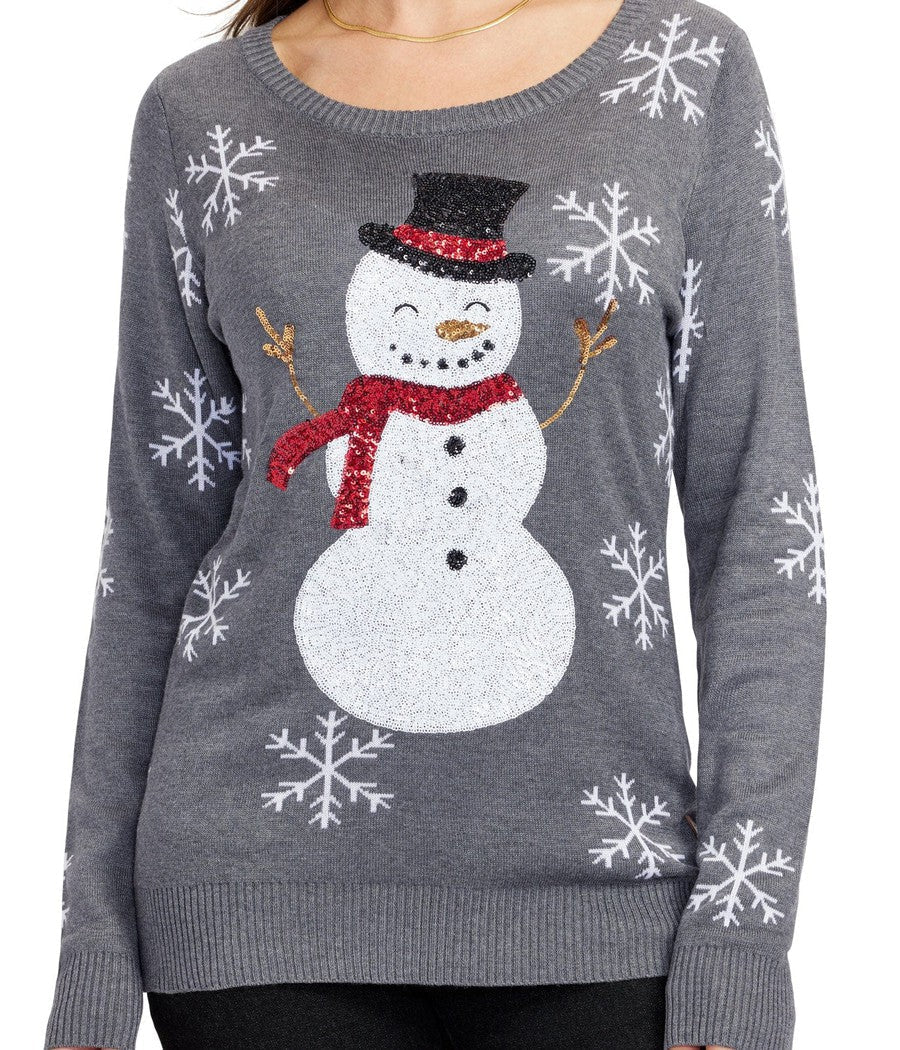 Women's Grey Christmas Sweater with Snowman Design and Sequined Snowflakes on Sleeves