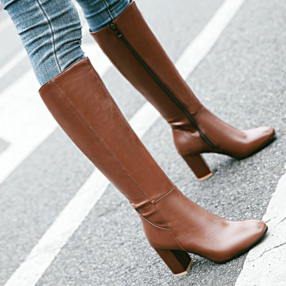 Women's High Block Heel Side-Zip Knee-High Riding Boots