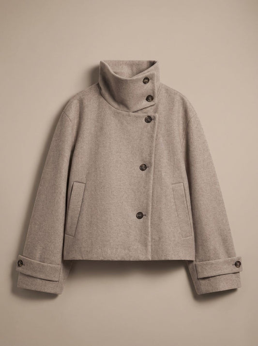 Women's High-Neck Wool-Blend Stand Collar Button-Front Short Coat