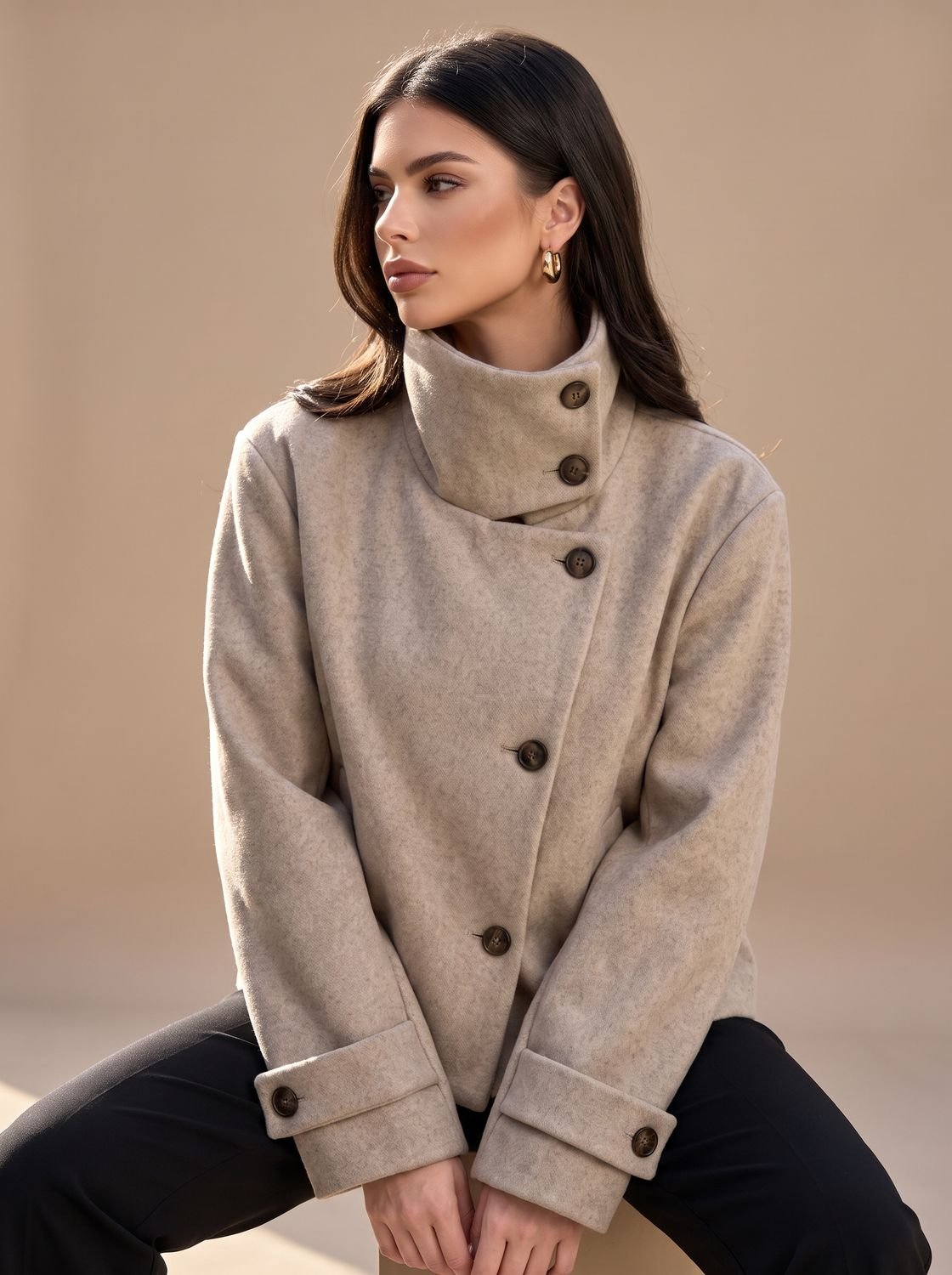 Women's High-Neck Wool-Blend Stand Collar Button-Front Short Coat