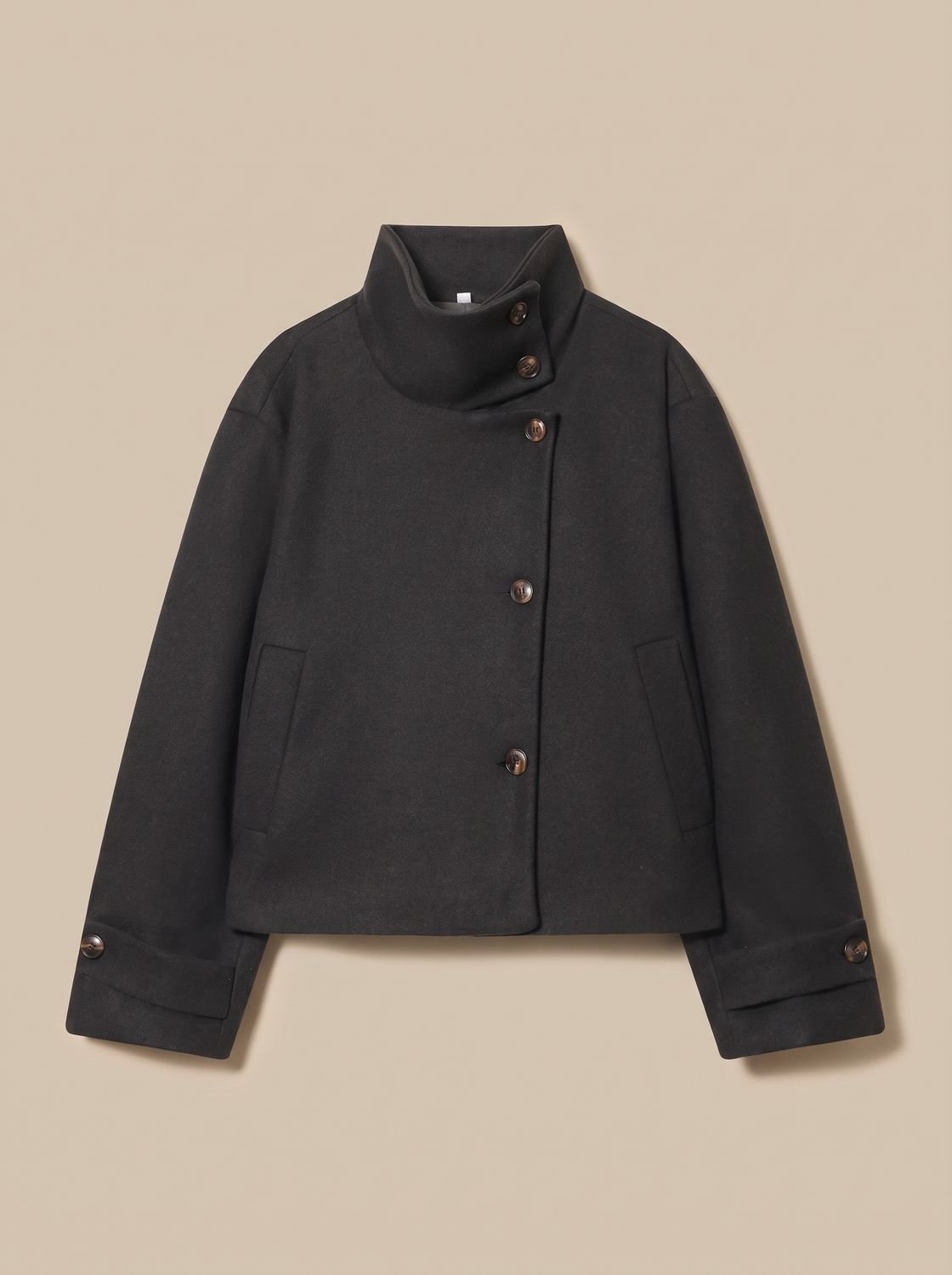 Women's High-Neck Wool-Blend Stand Collar Button-Front Short Coat