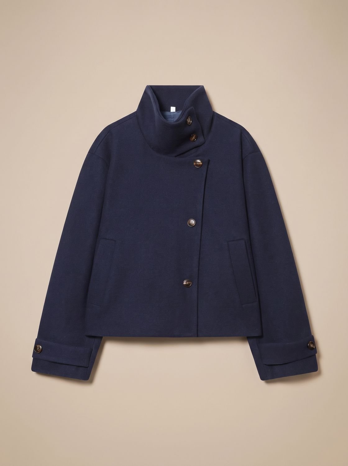 Women's High-Neck Wool-Blend Stand Collar Button-Front Short Coat