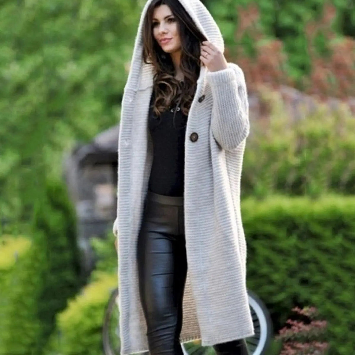 Women's Hooded Ribbed-Knit Open-Front Maxi Cardigan