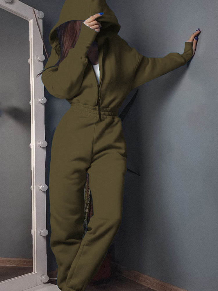 Women's Hooded Sweatshirt Jumpsuit with Zip and Elastic Waistband