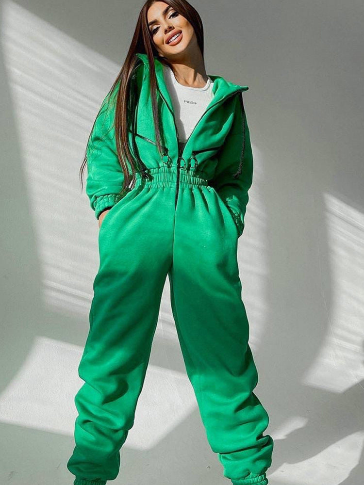 Women's Hooded Sweatshirt Jumpsuit with Zip and Elastic Waistband