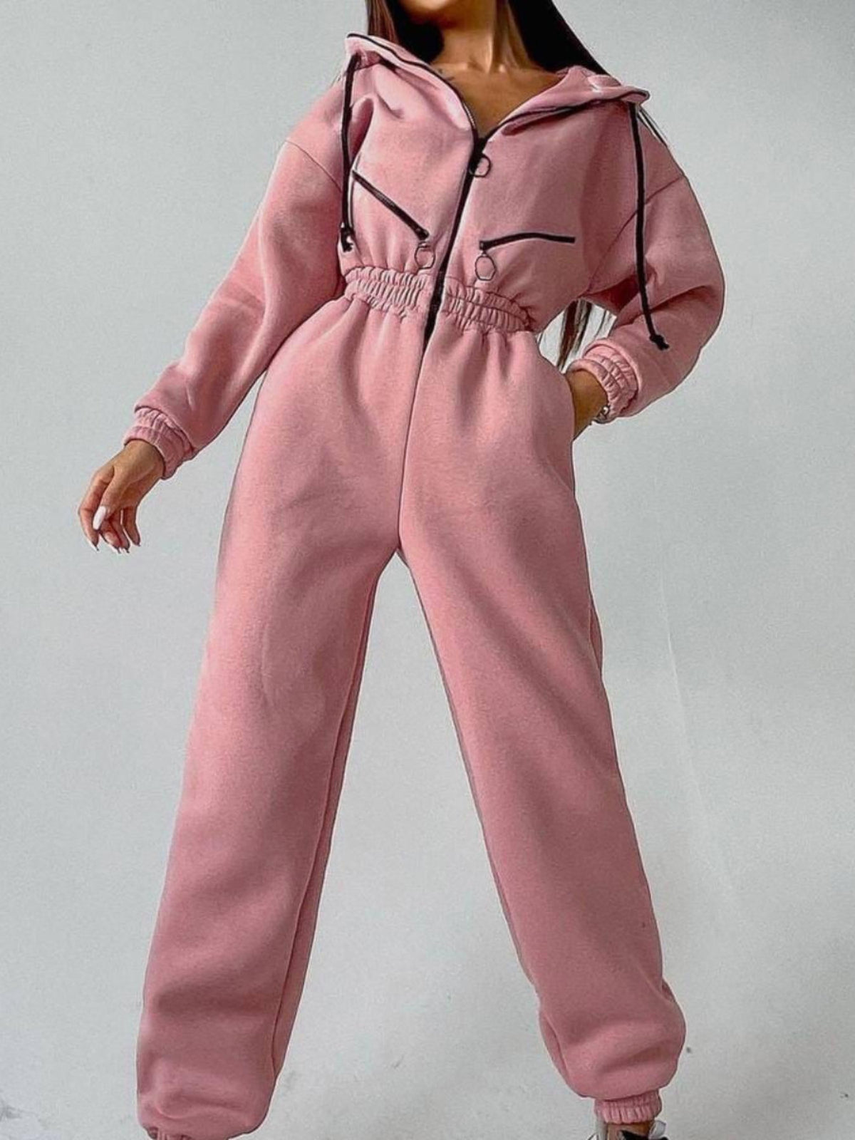 Women's Hooded Sweatshirt Jumpsuit with Zip and Elastic Waistband