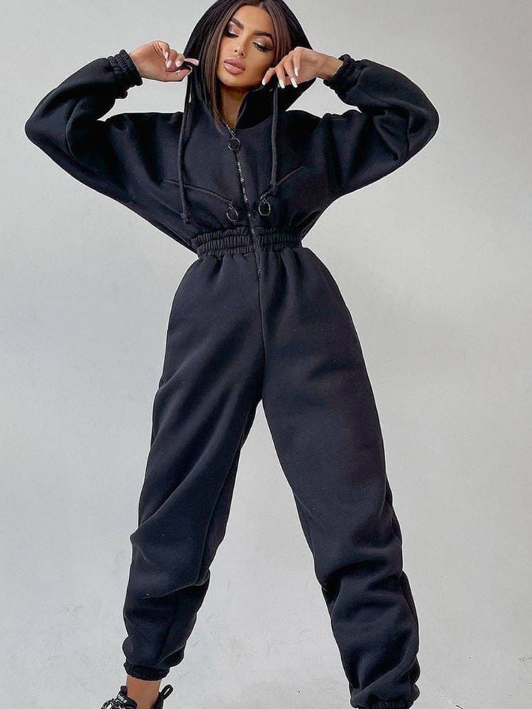Women's Hooded Sweatshirt Jumpsuit with Zip and Elastic Waistband