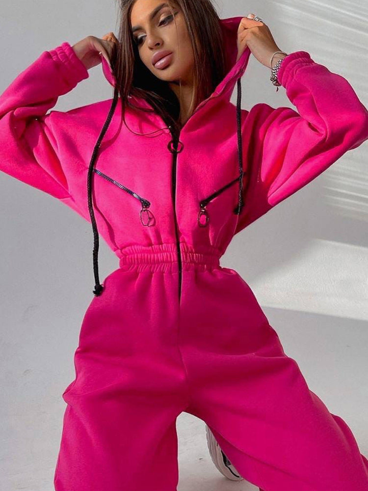 Women's Hooded Sweatshirt Jumpsuit with Zip and Elastic Waistband