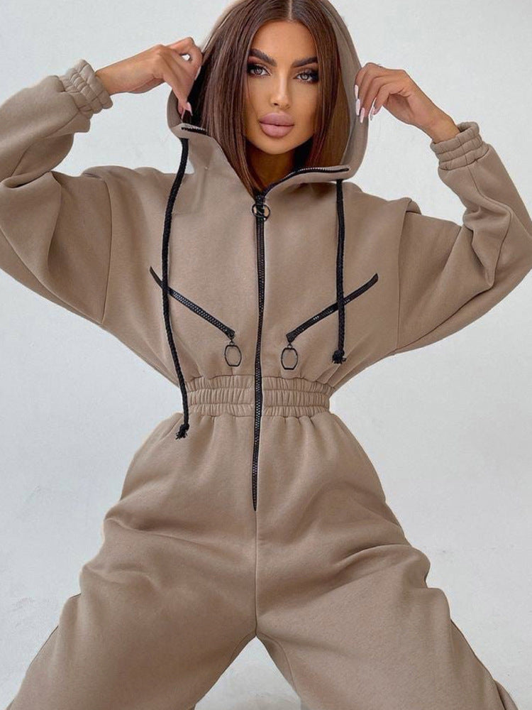 Women's Hooded Sweatshirt Jumpsuit with Zip and Elastic Waistband