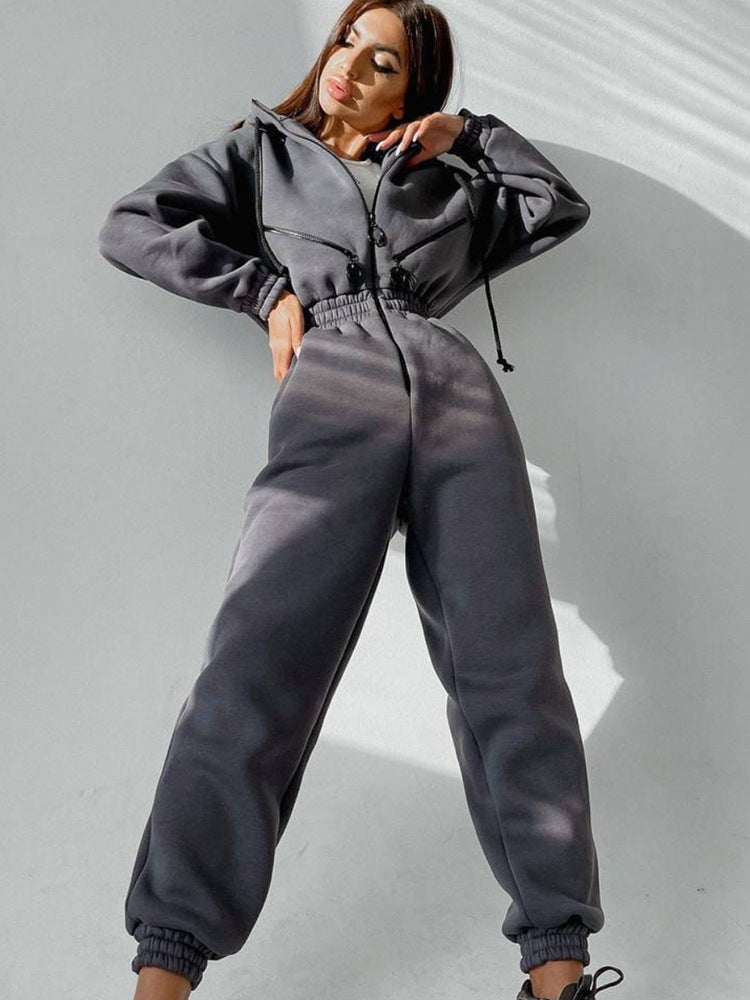 Women's Hooded Sweatshirt Jumpsuit with Zip and Elastic Waistband
