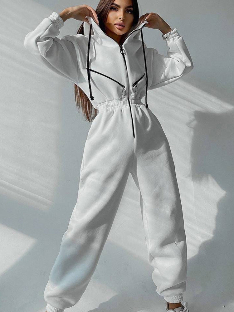 Women's Hooded Sweatshirt Jumpsuit with Zip and Elastic Waistband