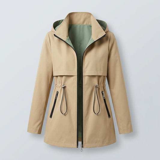 Women's Hooded Trench Jacket with Contrast Lining and Zipper Pockets