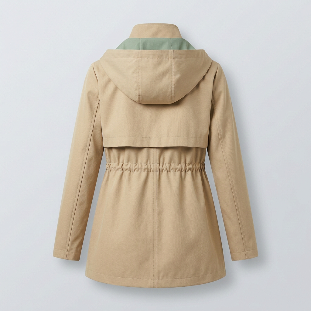 Women's Hooded Trench Jacket with Contrast Lining and Zipper Pockets