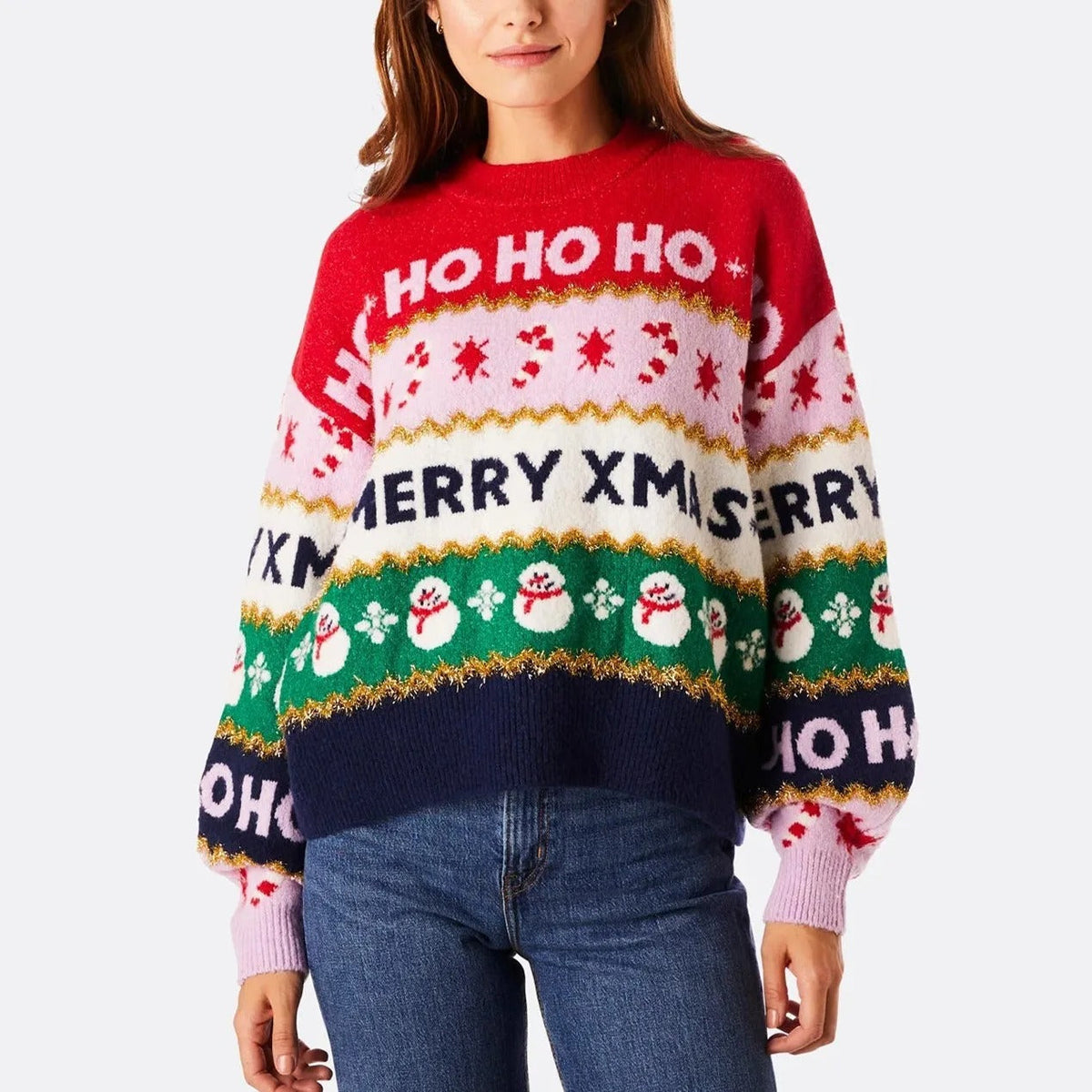Women's Knitted Christmas Sweater – Colorful Sweater with Ho, Merry Christmas, and Snowflake Patterns
